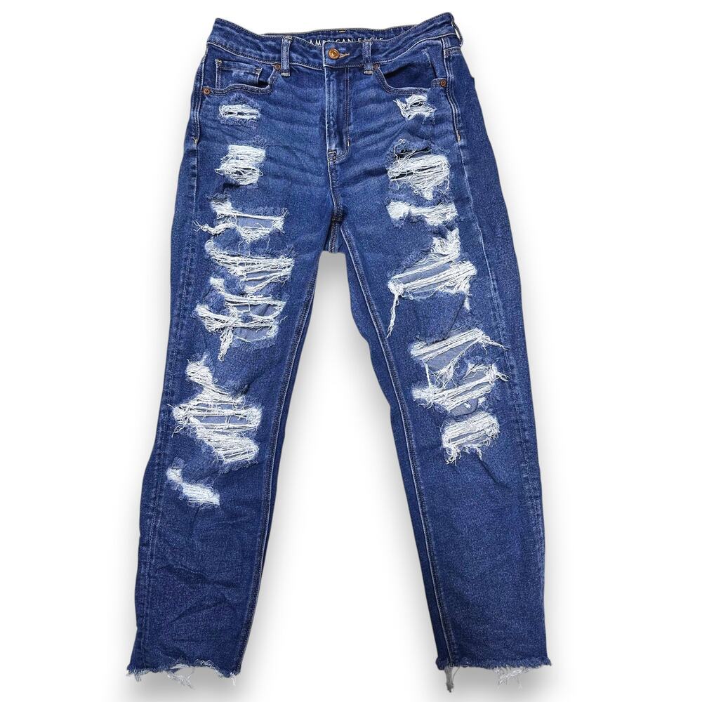 American Eagle High-Rise Dark Blue Distressed + Raw Hem Mom Jean Size 10